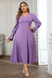 Elegant Violet V Neck Plain Midi Bodycon Long Sleeve Prom Dress