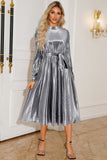 Silver A Line Pleated Long Sleeves Prom Dress