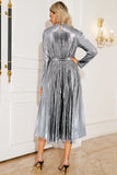 Silver A Line Pleated Long Sleeves Prom Dress