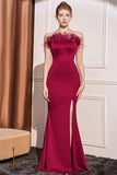 Burgundy Mermaid Strapless Slit Prom Dress with Feathers