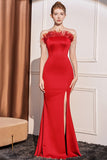 Burgundy Mermaid Strapless Slit Prom Dress with Feathers