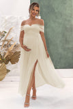 Apricot A Line Maternity Off the Shoulder Bridesmaid Dress with Slit