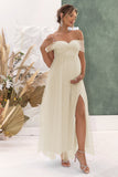 Apricot A Line Maternity Off the Shoulder Bridesmaid Dress with Slit