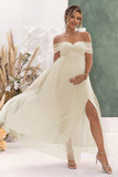 Apricot A Line Maternity Off the Shoulder Bridesmaid Dress with Slit