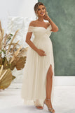 Apricot A Line Maternity Off the Shoulder Bridesmaid Dress with Slit