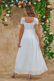 White A Line Maternity Long Bridesmaid Dress With Short Sleeves