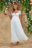 White A Line Maternity Long Bridesmaid Dress With Short Sleeves