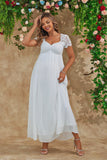 White A Line Maternity Long Bridesmaid Dress With Short Sleeves