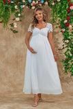 White A Line Maternity Long Bridesmaid Dress With Short Sleeves