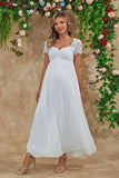 White A Line Maternity Long Bridesmaid Dress With Short Sleeves