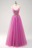 Sparkly Purple A-Line Slit Long Prom Dress with Appliques