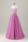 Sparkly Purple A-Line Slit Long Prom Dress with Appliques