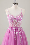 Sparkly Purple A-Line Slit Long Prom Dress with Appliques