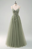 Green Spaghetti Straps Applique A-Line Prom Dress with Sequins