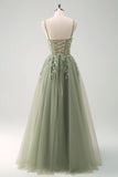 Green Spaghetti Straps Applique A-Line Prom Dress with Sequins