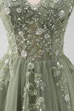 Green Spaghetti Straps Applique A-Line Prom Dress with Sequins