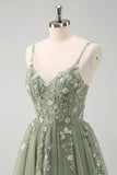 Green Spaghetti Straps Applique A-Line Prom Dress with Sequins