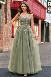 Green Corset Applique A-Line Prom Dress with Sequins