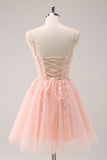 A Line Blush Spaghetti Straps Tulle Corset Sequins Prom Dress with Appliques