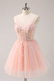 A Line Blush Spaghetti Straps Tulle Corset Sequins Prom Dress with Appliques