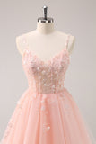 A Line Blush Spaghetti Straps Tulle Corset Sequins Prom Dress with Appliques