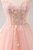 A Line Blush Spaghetti Straps Tulle Corset Sequins Prom Dress with Appliques