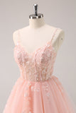 A Line Blush Spaghetti Straps Tulle Corset Sequins Prom Dress with Appliques