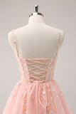 A Line Blush Spaghetti Straps Tulle Corset Sequins Prom Dress with Appliques