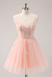 A Line Blush Spaghetti Straps Tulle Corset Sequins Prom Dress with Appliques