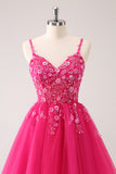 A Line Blush Spaghetti Straps Tulle Corset Sequins Prom Dress with Appliques