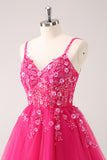 A Line Blush Spaghetti Straps Tulle Corset Sequins Prom Dress with Appliques