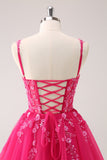 A Line Blush Spaghetti Straps Tulle Corset Sequins Prom Dress with Appliques