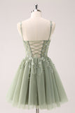 A Line Blush Spaghetti Straps Tulle Corset Sequins Prom Dress with Appliques