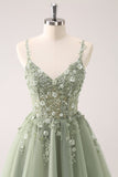 A Line Blush Spaghetti Straps Tulle Corset Sequins Prom Dress with Appliques