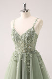 A Line Blush Spaghetti Straps Tulle Corset Sequins Prom Dress with Appliques