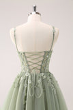 A Line Blush Spaghetti Straps Tulle Corset Sequins Prom Dress with Appliques