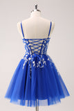 A Line Blush Spaghetti Straps Tulle Corset Sequins Prom Dress with Appliques