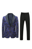 Dark Blue Floral Printed Shawl Lapel 2 Pieces Men Suits