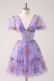 Purple A-Line V Neck Corset Short Floral Prom Dress with Lace Up Back