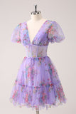 Purple A-Line V Neck Corset Short Floral Prom Dress with Lace Up Back