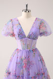 Purple A-Line V Neck Corset Short Floral Prom Dress with Lace Up Back