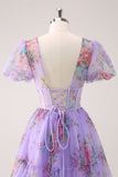 Purple A-Line V Neck Corset Short Floral Prom Dress with Lace Up Back