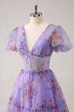 Purple A-Line V Neck Corset Short Floral Prom Dress with Lace Up Back