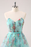 Fluffy Strapless Green Floral Short Prom Dress