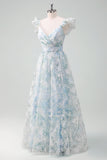 Light Blue Flower Printed A-Line Cap Sleeves Long Prom Dress