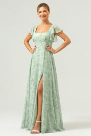 Dusty Sage Floral Printed A-Line Bridesmaid Dress with Slit