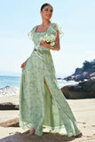 Dusty Sage Square Neck Floral Printed A-Line Bridesmaid Dress