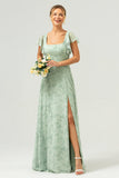 Dusty Sage Floral Printed A-Line Bridesmaid Dress with Slit