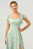 Dusty Sage Floral Printed A-Line Bridesmaid Dress with Slit