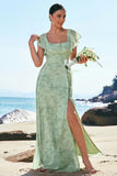 Dusty Sage Square Neck Floral Printed A-Line Bridesmaid Dress